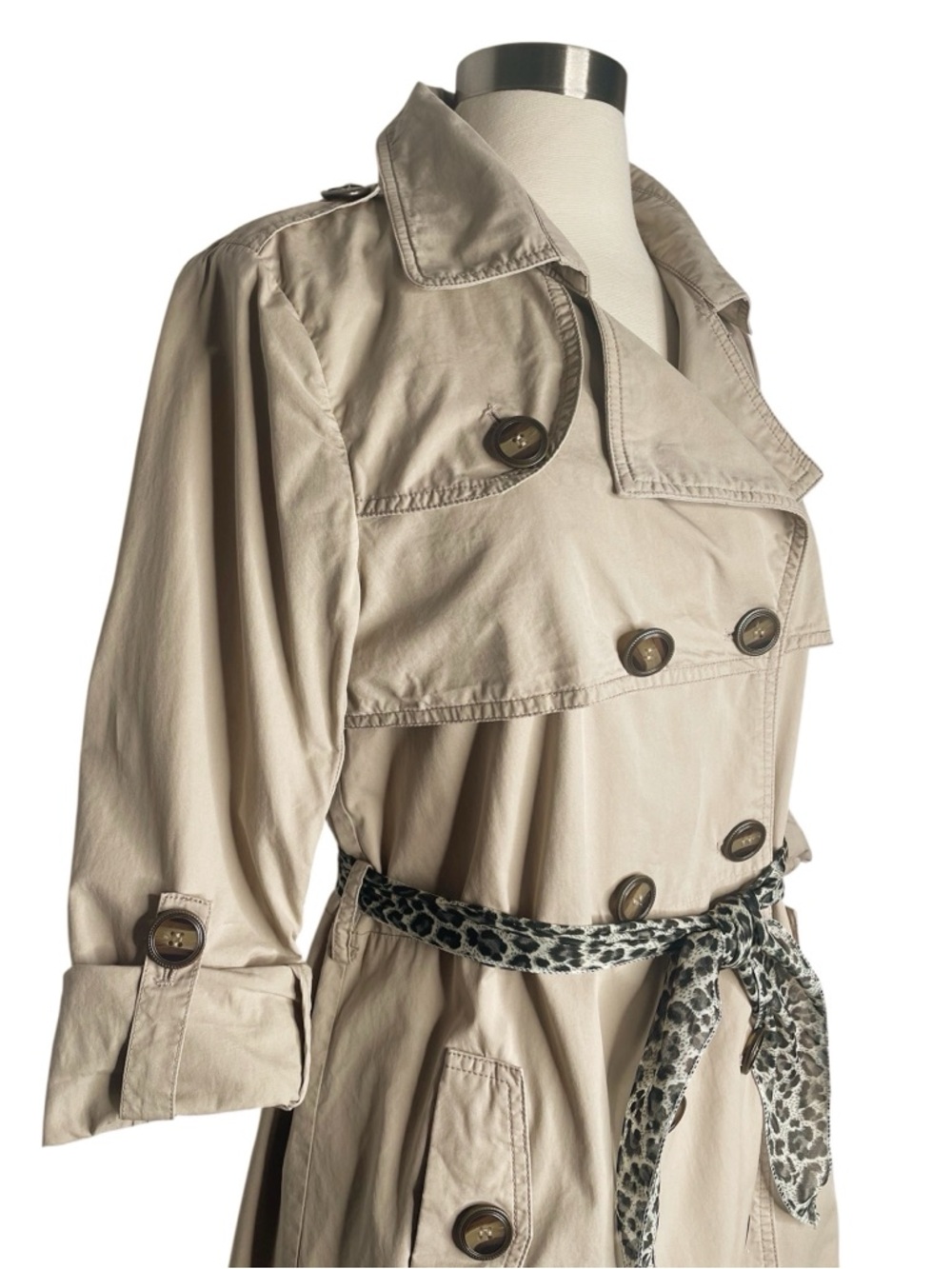 BESS Lace Lined Trench Coat Dress Khaki Size M Safari ShirtDress 3/4 Long Sleeve